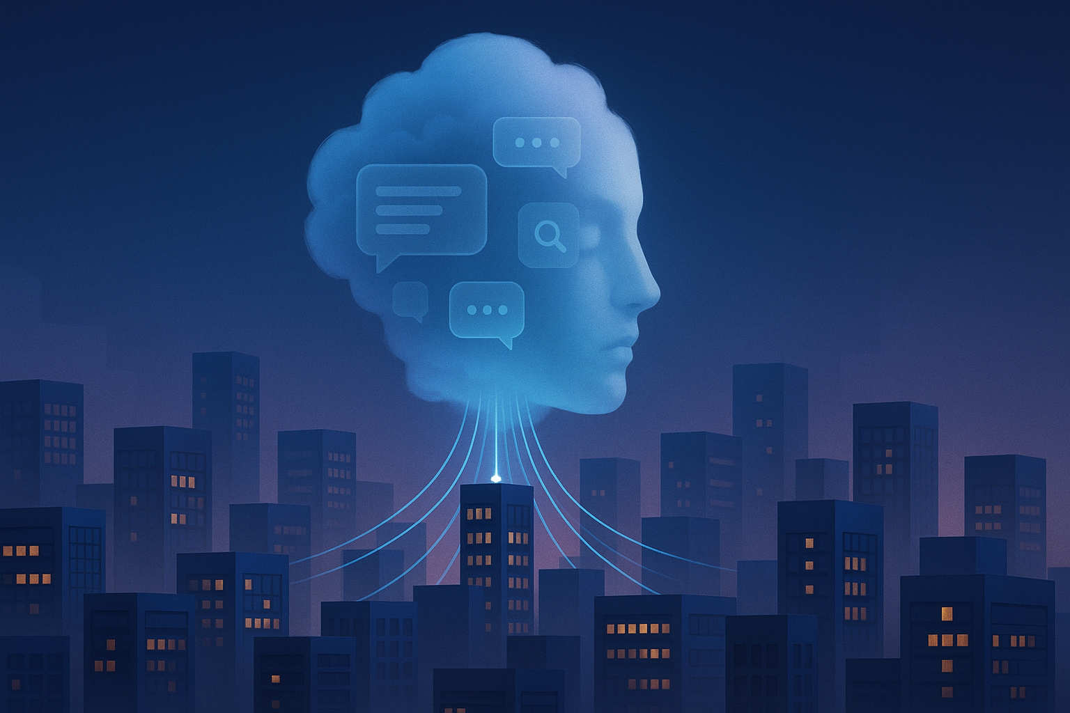 Translucent cloud shaped like a human head tethered by glowing fibers to a single data-center tower above a server city.